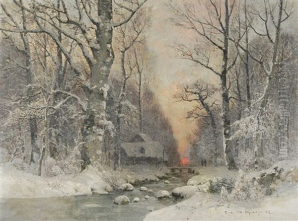 Winterliche Bachlandschaft Mit Haus Und Figurenstaffage Im Abendrot - view 1