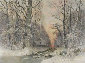 Winterliche Bachlandschaft Mit Haus Und Figurenstaffage Im Abendrot