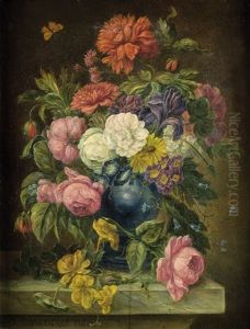 Blumenstilleben Mit Pfingstrosen, Vergissmeinnicht, Glockenblumen Und Sonnenroschen