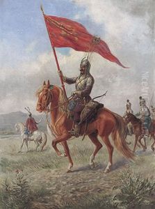 Portrait Eines Janitscharen-fuhrers Zu Pferd Mit Flagge