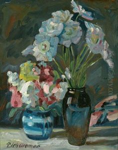 Zwei Blumenstrause In Vasen by Paul Schwemer