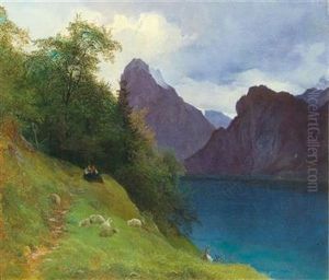 Scene Between Ebensee And Traunkirchen With A View Of The Traunstein Mountain by Josef Schwemminger