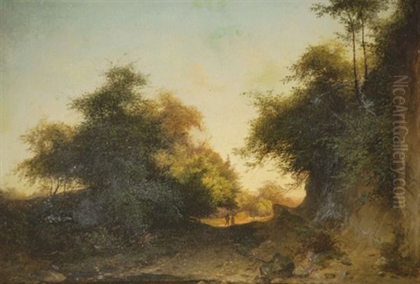 Bewaldete Landschaft Mit Paar Auf Einem Feldweg - view 1