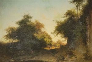 Bewaldete Landschaft Mit Paar Auf Einem Feldweg by Josef Schwemminger