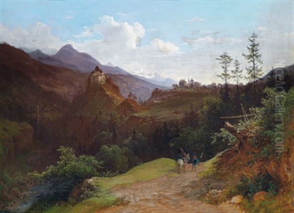 Gebirgsort, Burg Und Gletschermotiv Im Hintergrund - view 1