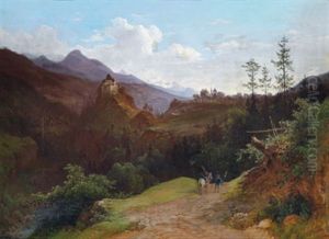 Gebirgsort, Burg Und Gletschermotiv Im Hintergrund