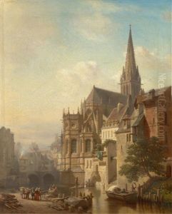 A View Of A Town On A River With A Gothic Cathedral A View Of A Town On A River With A Gothic Cathedral