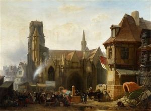 Town Fair By A Gothic Church In France by Albert Schwendy