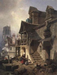 Hinterhofszene In Paris Mit Blick Auf Gotische Kathedrale Hinterhofszene In Paris Mit Blick Auf Gotische Kathedrale