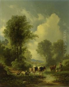 Hirte Mit Seinen Tieren An Einem Fluss by Karl Schweninger the Elder