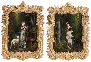 Jeune Dame Noble Et Chien Au Parc (2 Works) by Karl Schweninger the Younger