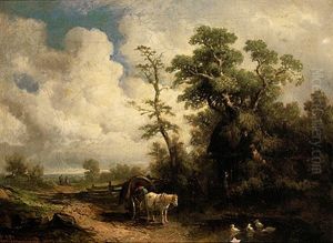 Spatsommerliche Landschaft Mit Landlichem Anwesen; Im Vordergrund Figurenstaffage Und Pferdewagen