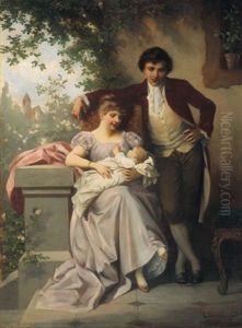 Muttergluck - Ein Junges Ehepaar Mit Einem Neugeboreren Auf Der Terrasse by Karl Schweninger the Younger