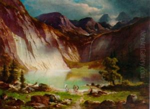 An Alpine Lake Landscape With Figures By The Shore by Karl Schweninger the Younger