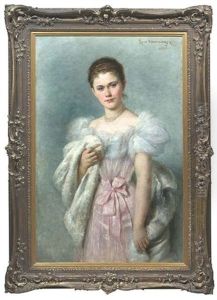 Bildnis Einer Jungen Dame Im Rosa Kleid Mit Weiser Pelzjacke by Rosa Schweninger