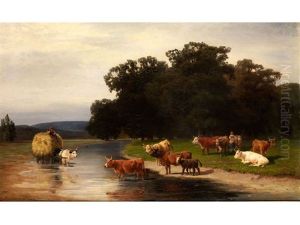 Kuhe Am Fluss Mit Bauerinnen Und Heuwagen by Amelie Ulrika Sofia von Schwerin