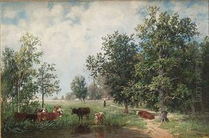 Pastoralt Landskap Med Betande Kor by Amelie Ulrika Sofia von Schwerin