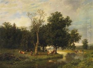Flusslandschaft Mit Kuhen Und Hirtenpaar by Amelie Ulrika Sofia von Schwerin