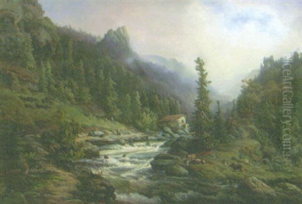 Tyskt Bergslandskap Med Figurer, Kor Och Hus Vid Fors - view 1