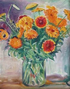 Zinnien In Einer Glasvase by Karl Schwesig