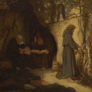 Die Drei Einsiedler Vor Ihrer Hohle Bei Der Lekture Und Beim Futtern Eines Rehes by Moritz von Schwind