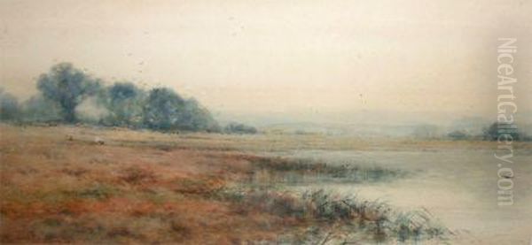 Open River Landscape With Sheep Grazing In Distance - view 1