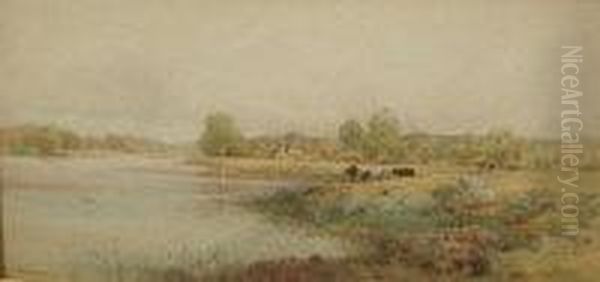 "river Landscape With Cattle In The Foreground, Dwellings Beyond",watercolour, Signed, 21.5 X 41.5 Cm - view 1