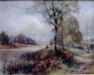 'river Landscape', Watercolour, Signed, 13.5cm X 18.5cm, Framed