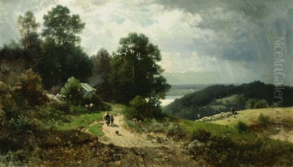 Landschaft Mit Schafherde Und Bauerin Mit Bub - view 1
