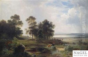 Extensive Landscape In The Bavarian Foothills With Cows At Waters