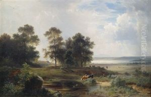 Weite Voralpenlandschaft Mit Kuhen An Einem Gewasser