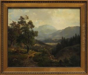 Bayrische Landschaft Mit Blick In Talsohle (wohl Kochelsee), Im Vordergrund Auf Anhohe Schafer Mit Herde