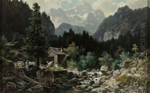 Oberbayerische Gebirgslandschaft Mit Bachlauf Und Alter Sagemuhle. Weiter Blick Auf Ferne Gipfel