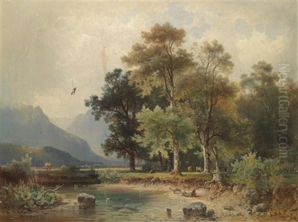 Alpenlandschaft Mit Weidenden Kuhen Am See - view 1