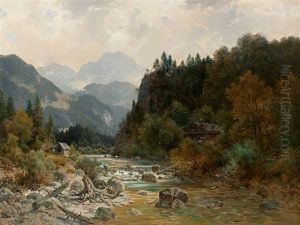 Wildwasser Im Gebirge Mit Malerischem Gehoft, Figurenstaffage Und Aufragendem Massiv