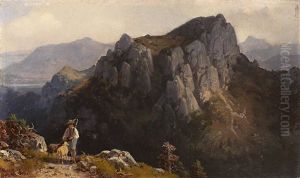 Hochgebirgslandschaft Mit Figurenstaffage An Einem Prachtvollen Sommertag