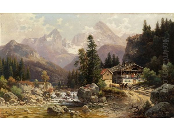 Alpenlandschaft Mit Muhlengebaude An Einem Gebirgsbachlauf - view 1