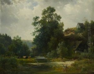 Flusslandschaft Mit Bauernhausern