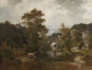 Hirtin Mit Kuhen Am Dorfbach In Voralpenlandschaft by Ludwig Sckell