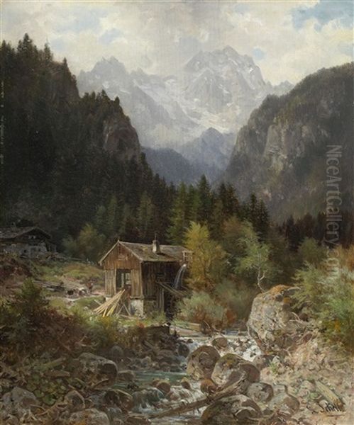 Gebirgslandschaft Mit Bach Und Wassermuhle - view 1