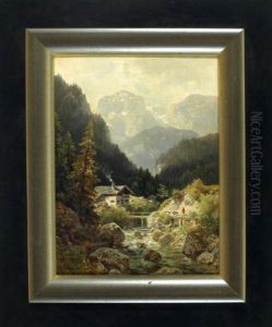Partie Bei Berchtesgaden - Bauerin Mit Ziegen An Einem Gebirgsbach Mit Hutte