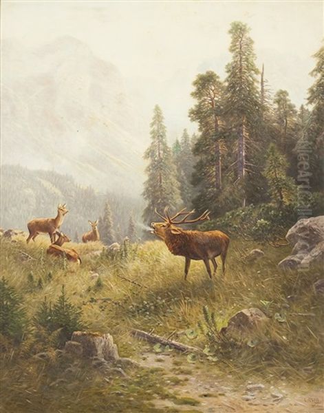 Gebirgslandschaft Mit Hirsch In Der Brunft - view 1