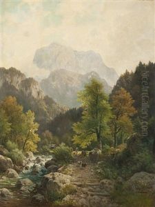 Gebirgslandschaft Mit Weidevieh Auf Einem Weg Am Fluss Gebirgslandschaft Mit Weidevieh Auf Einem Weg Am Fluss