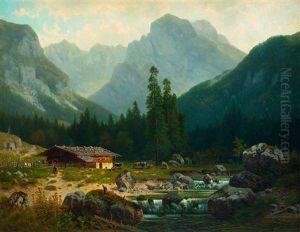 Alm Mit Wildbach Vor Bergkulisse by Ludwig Sckell