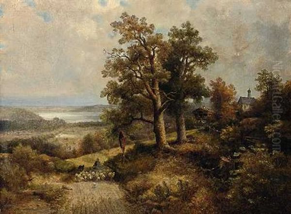 Hirte Mit Seiner Schafherde Beim Marterl Am Weg - view 1