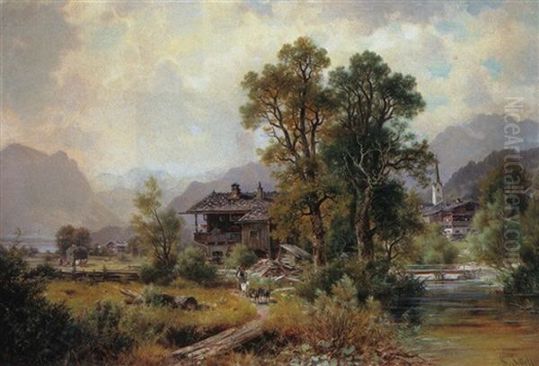 Bauerndorf Mit Fluss Und Personenstaffage - view 1