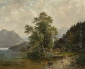 Fischerfamilie Am Ufer Eines Gebirgssees
