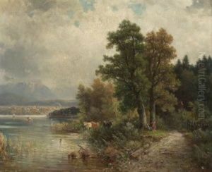 Zwei Rastende Magde Mit Ihren Kuhen Am Ufer Des Starnberger Sees by Ludwig Sckell