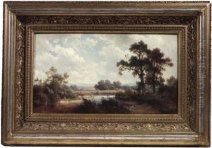 Bayerische Flusslandschaft Mit Ernteszene