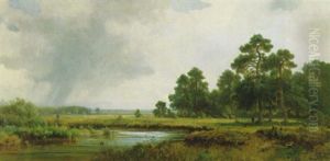 Moorlandschaft (dachauer Moos) Mit Einem Jager Bei Der Niederwildjagd Links Und Hirten Mit Vieh Rechts Moorlandschaft (dachauer Moos) Mit Einem Jager Bei Der Niederwildjagd Links Und Hirten Mit Vieh Rechts
